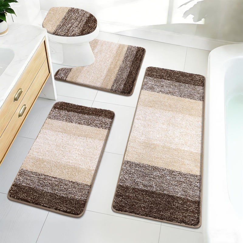 Bsmathom Bathroom Rugs Sets 4 Piece with Toilet Cover, Plush Shaggy Bath Rugs Set Non Slip Washable, Absorbent Microfiber Bath Mat with U-Shaped Contour Toilet Mat for Bathroom, Dark Coffe - Image 1