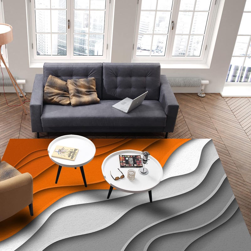 Kit-Home Orange Gradient Area Rugs Indoor Non-Slip Rectangle Rug 2x3 ft, Abstract Geometric Orange Gray Beach Sea Waves Rug Rubber Backing Floor Mats Contemporary Home Decor Carpet for Entryway Living Room - Image 4