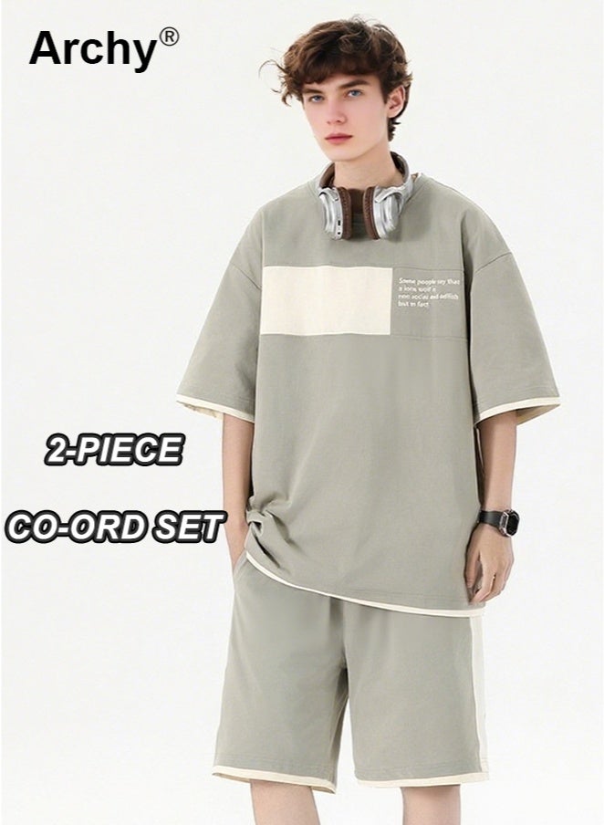 أرشي طقم رجالي صيفي من قطعتين: تي شيرت بأكمام قصيرة وشورت بقصة فضفاضة وطبعة حروف، طقم رياضي كاجوال للرجال والأولاد المراهقين، يتميز بتفاصيل متباينة وتصميم مريح - Image 1