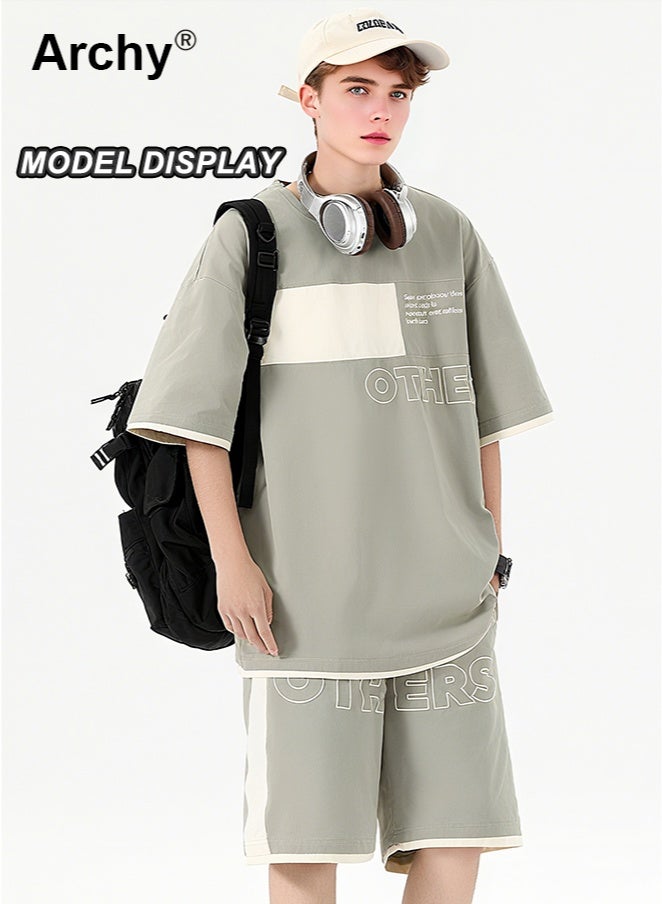 أرشي طقم رجالي صيفي من قطعتين: تي شيرت بأكمام قصيرة وشورت بقصة فضفاضة وطبعة حروف، طقم رياضي كاجوال للرجال والأولاد المراهقين، يتميز بتفاصيل متباينة وتصميم مريح - Image 2