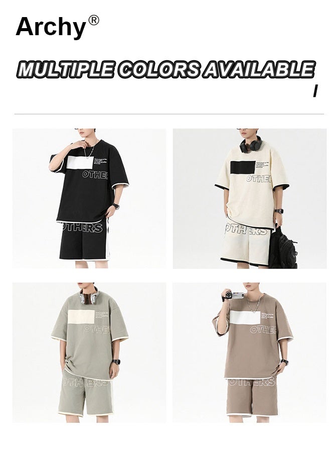 أرشي طقم رجالي صيفي من قطعتين: تي شيرت بأكمام قصيرة وشورت بقصة فضفاضة وطبعة حروف، طقم رياضي كاجوال للرجال والأولاد المراهقين، يتميز بتفاصيل متباينة وتصميم مريح - Image 4