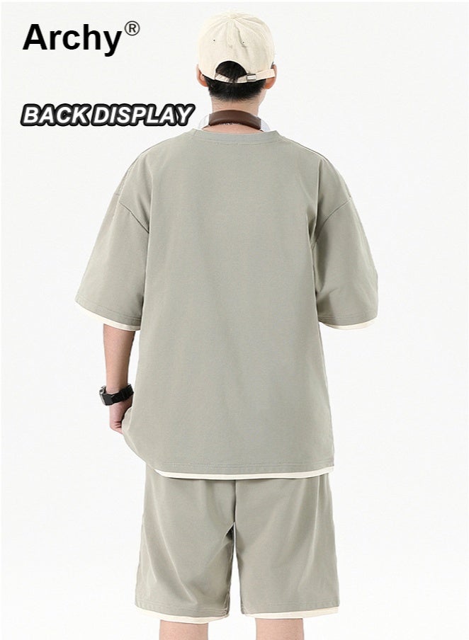 أرشي طقم رجالي صيفي من قطعتين: تي شيرت بأكمام قصيرة وشورت بقصة فضفاضة وطبعة حروف، طقم رياضي كاجوال للرجال والأولاد المراهقين، يتميز بتفاصيل متباينة وتصميم مريح - Image 3