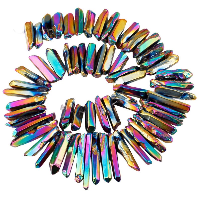 SUNYIK Rainbow Aura Titanium Coated Crystal Points Quartz Polished Sticks Spikes Point Beads 15 inch Strand Drilled