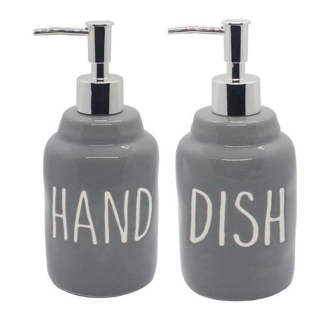 CERAMIC SOAP DISPENSER BOTTLES ENGRAVED HAND DISH LABELS ECOFRIENDLY DESIGN FOR KITCHEN SINK BATHROOM COUNTERTOP MODERN FARMHOUSE DECOR 2PACK16 OZ GRAY