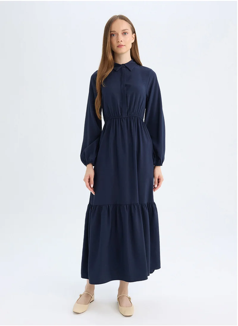 ديفاكتو Shirt Collar Basic Buttoned Waist-Tied Maxi Dress With Long Sleeves