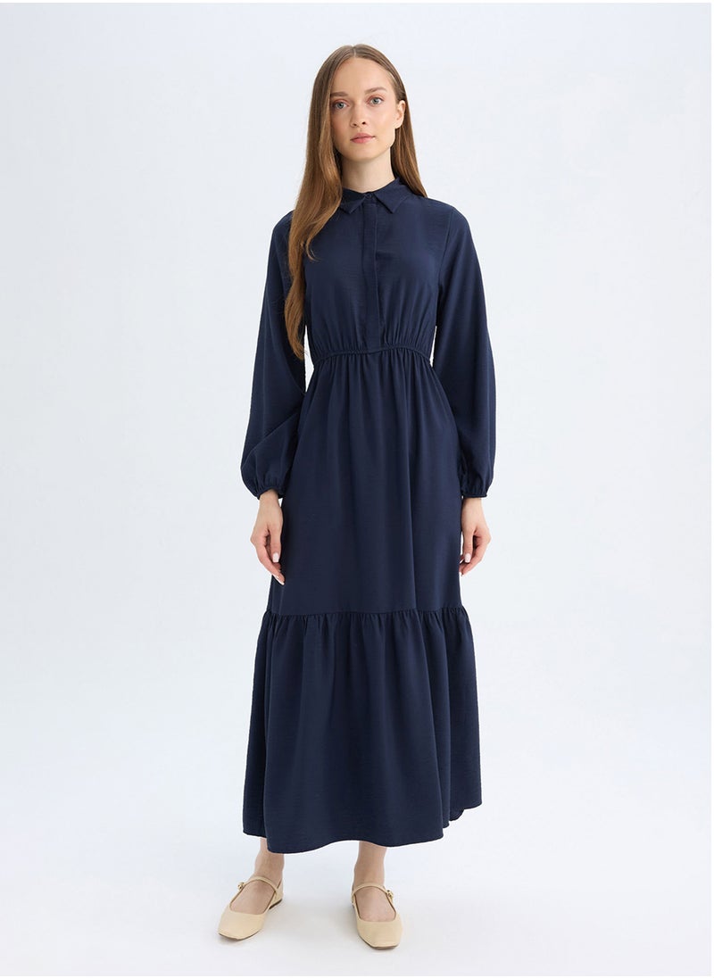 DeFacto Shirt Collar Basic Buttoned Waist-Tied Maxi Dress With Long Sleeves  - Image 1