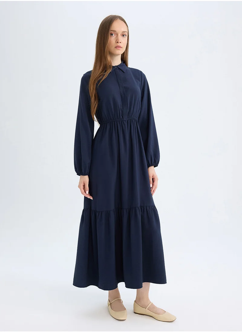 DeFacto Shirt Collar Basic Buttoned Waist-Tied Maxi Dress With Long Sleeves