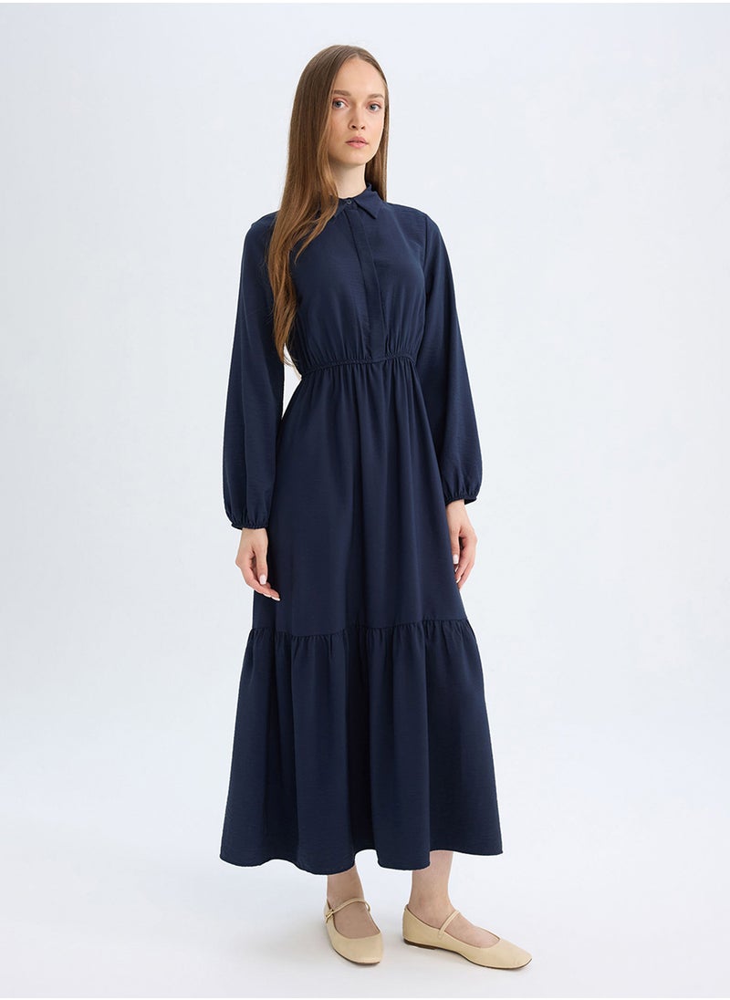DeFacto Shirt Collar Basic Buttoned Waist-Tied Maxi Dress With Long Sleeves  - Image 3