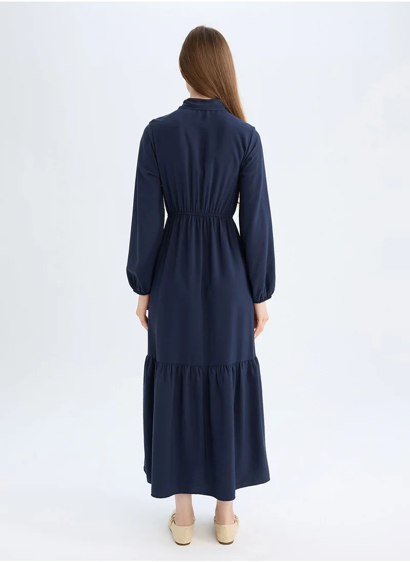 DeFacto Shirt Collar Basic Buttoned Waist-Tied Maxi Dress With Long Sleeves