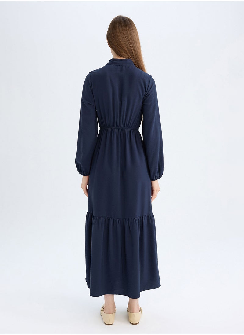 DeFacto Shirt Collar Basic Buttoned Waist-Tied Maxi Dress With Long Sleeves  - Image 2