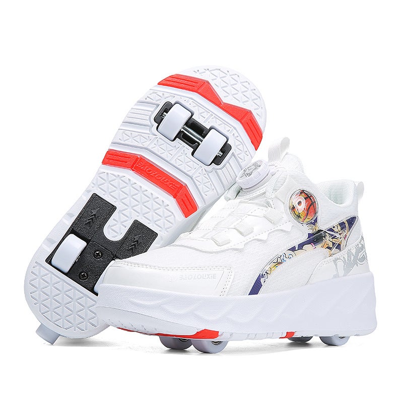 Generic Four-wheel walking shoes childrens roller skating shoes Boys student skating shoes invisible shrinkage deformation walking shoes with wheels 666 White
