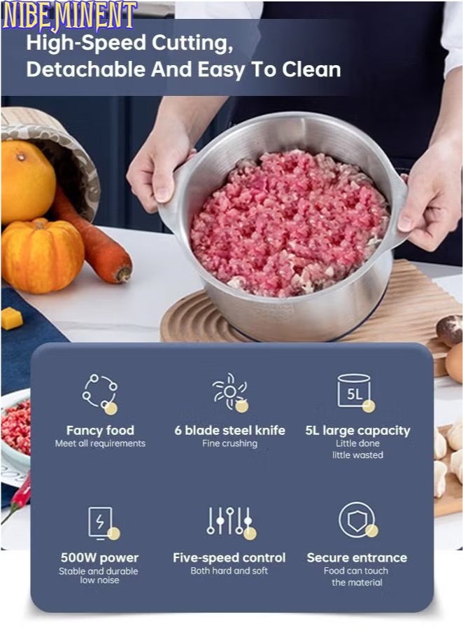 NIBEMINENT خلاط كهربائي متعدد الوظائف سعة 5 لتر مع عجانة/خافق بيض من الفولاذ المقاوم للصدأ، بخمسة سرعات، وستة شفرات فولاذية نقية، مطحنة لحم سريعة، مفرمة لحم للاستخدام المنزلي، تقطيع وسحق، مناسبة للمطبخ، الخضروات، البصل، الثوم، السلطة، طعام الأطفال - Image 3