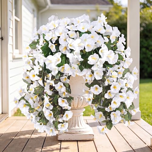 Sggvecsy Artificial Fake Hanging Flowers Plants for Outdoor Outside Spring Summer Decoration 4PCS Faux Silk UV Resistant Realistic Morning Glory Trailing Vines for Home Porch Patio BalconyWhite - Image 1