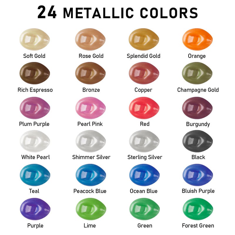 ABEIER Metallic Acrylic Paint, Set of 24 Metallic Colors in 2oz/60ml Bottle, Rich Pigments, Non Fading, Non Toxic Paints for Artist, Beginners & Kids Painting on Rocks Crafts Canvas Wood, Fabric&Stone - Image 2