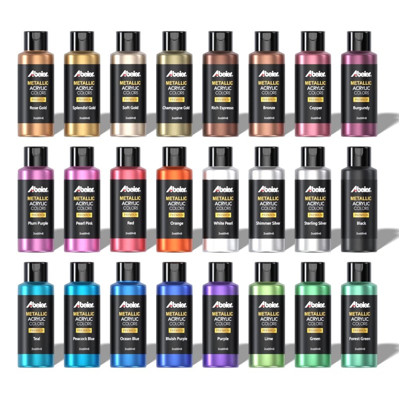ABEIER Metallic Acrylic Paint, Set of 24 Metallic Colors in 2oz/60ml Bottle, Rich Pigments, Non Fading, Non Toxic Paints for Artist, Beginners & Kids Painting on Rocks Crafts Canvas Wood, Fabric&Stone - Image 1