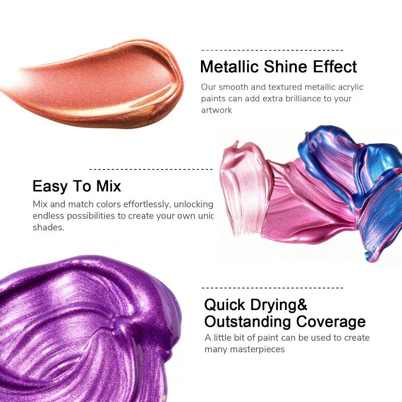 ABEIER Metallic Acrylic Paint, Set of 24 Metallic Colors in 2oz/60ml Bottle, Rich Pigments, Non Fading, Non Toxic Paints for Artist, Beginners & Kids Painting on Rocks Crafts Canvas Wood, Fabric&Stone - Image 3