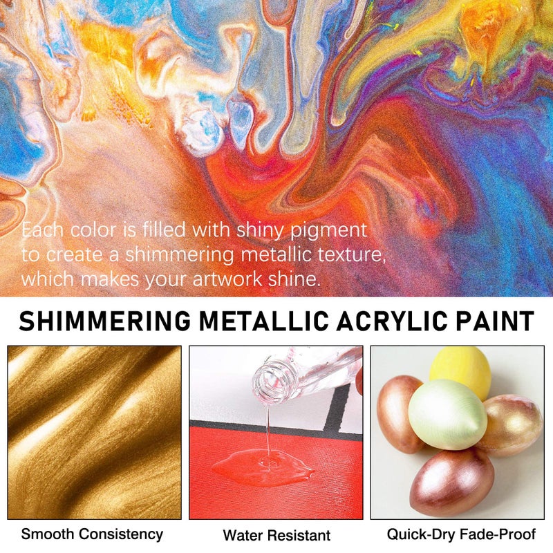 ABEIER Metallic Acrylic Paint, Set of 24 Metallic Colors in 2oz/60ml Bottle, Rich Pigments, Non Fading, Non Toxic Paints for Artist, Beginners & Kids Painting on Rocks Crafts Canvas Wood, Fabric&Stone - Image 4