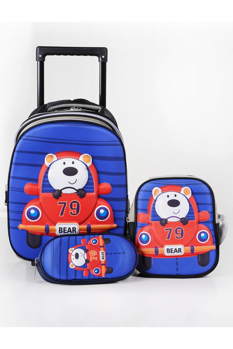 KTMC 3D Cartoon Cars Triple Backpack Set, Pen Bag, Lunch Bag, School Trolley Bag for Boys- Black/Grey 9903