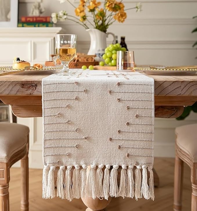 POSHREYA Cotton Table Runner for 4 6 Seater Dining Table|Centre Table|Coffee Table|Living Room|Table Decor|Eating Area|Decorative Runner|(14*72 INCHES)|Beige White|TRPS 031 - Image 4