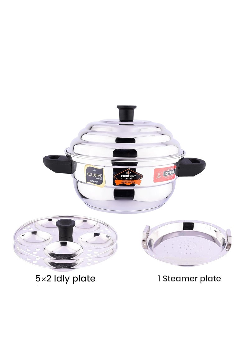 EUROstyle KITCHENWARE COOK WITH COMFORT Eurostyle Royal 10 Idli Pot Stainless Steel with Encapsulated Sandwich Bottom 2 in 1 2 Idli Plates 10 Pits 1 Steamer Plate for idiyappam Dhokla Standard  - Image 2