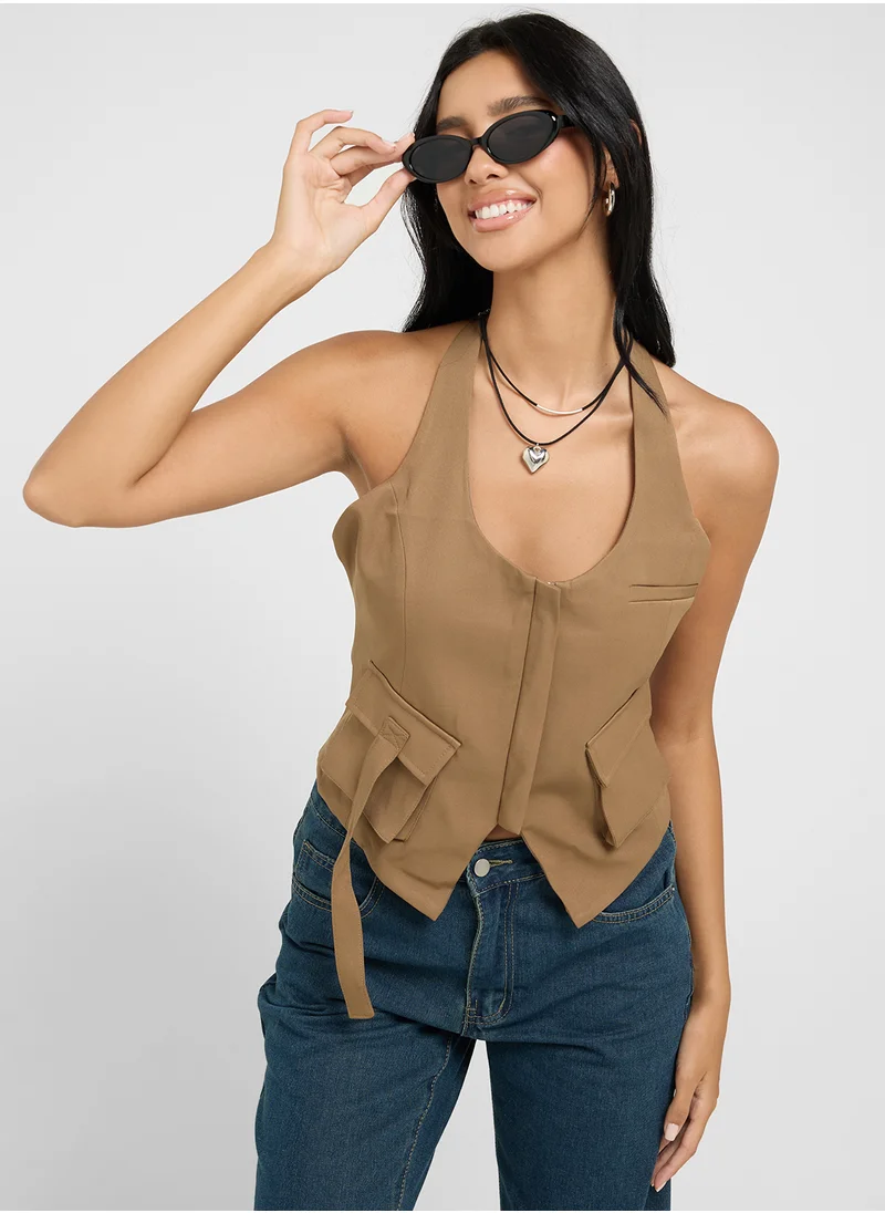 Ginger Halter Neck Vest With Utility Pockets