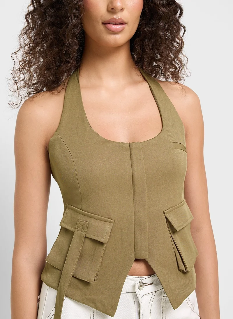 Ginger Halter Neck Vest With Utility Pockets