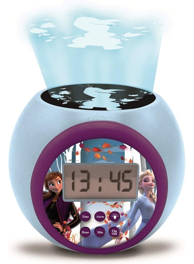 Lexibook Disney Frozen 2 Anna & Elsa Projector Alarm Clock for Kids – Digital LCD Clock with Snooze Alarm, Built-in Night Light & Timer, Ceiling Time Projection, Battery Operated Children’s Clock, Blue/Purple - Image 1