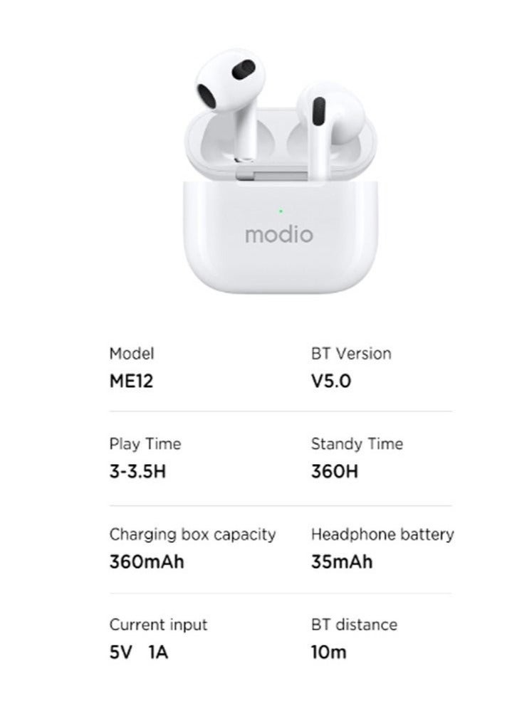 modio ME12 Bluetooth Wireless Earphone || Premium Stereo Sound, Comfortable Fit, Long Battery Life, Noise Isolation, Touch Controls – Perfect for Android, iOS, and Bluetooth Devices – Ideal for Music, Calls & Hands-Free Use – White - Image 4