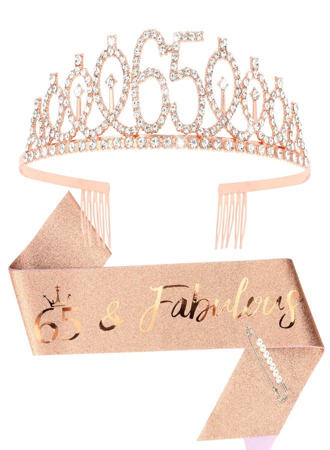 Semato 65th Birthday Gifts for Women 65th Rose Gold Birthday Crown and Sash Kit 65th Birthday Decorations for Women 65th Birthday Party Supplies - Image 1