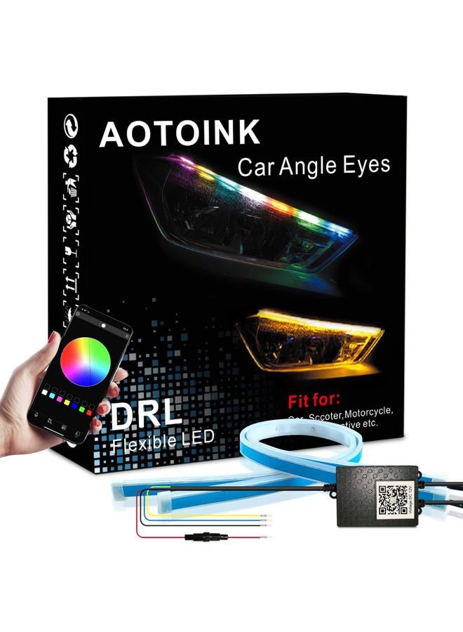 AOTOINK Car Headlight LED Strip, 24Inch RGB Multi Color Headlight Surface LED Daytime Running Lights Flexible DRL Tube Strip Sequential Neon Decorative Switchback Turn Signal Lights APP Contrl 2-Pack - Image 1