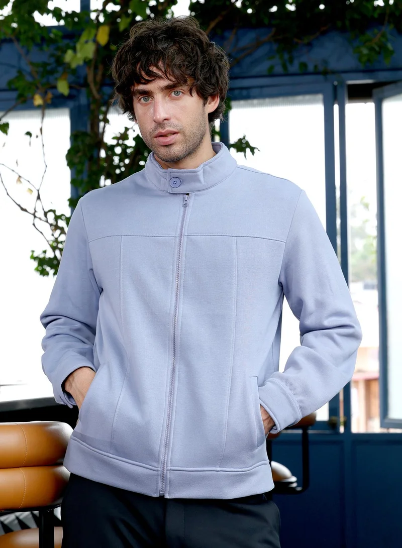 Campus Sutra Men Panel-Stitch Knit Jacket | Band Collar, Long Button-Cuff Sleeves | Zipper , Ribbed-Straight Hem | Solid Plain | Knitted Fabric For Casual & Daily Wear | Flint Grey