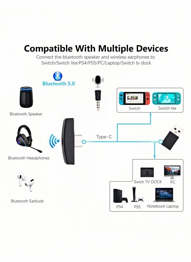 Bluetooth Adapter for Nintendo Switch/Lite, BT 5.0 Wireless Audio Transmitter with Low Latency USB C to A Converter for Bluetooth Headphone Speakers on PS4 PS5 PC Laptop Airpods