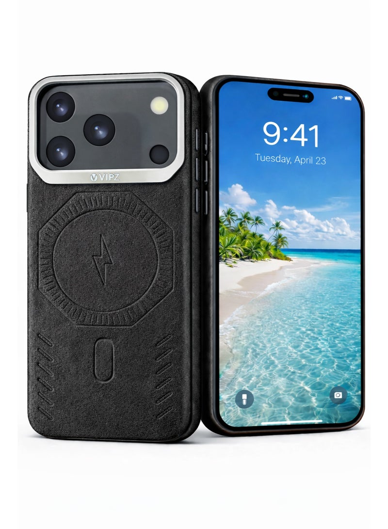 في آر كرييتيف غطاء فاخر من الجلد متوافق مع MagSafe لهاتف iPhone 17 Pro Max - غطاء شحن لاسلكي مغناطيسي، مقاوم للصدمات، حماية مرتفعة للكاميرا – أسود - Image 1