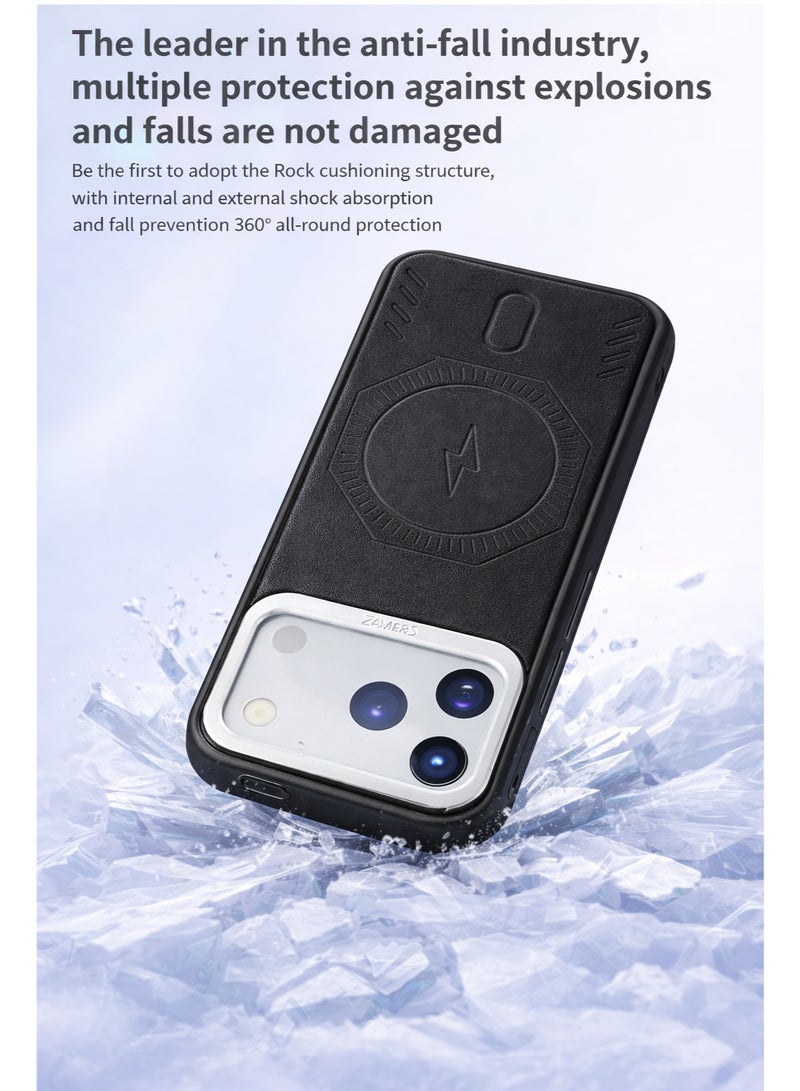 في آر كرييتيف غطاء فاخر من الجلد متوافق مع MagSafe لهاتف iPhone 17 Pro Max - غطاء شحن لاسلكي مغناطيسي، مقاوم للصدمات، حماية مرتفعة للكاميرا – أسود - Image 5