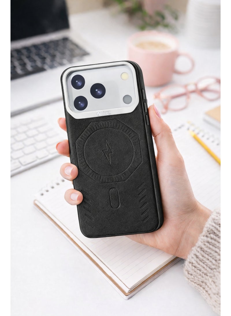 في آر كرييتيف غطاء فاخر من الجلد متوافق مع MagSafe لهاتف iPhone 17 Pro Max - غطاء شحن لاسلكي مغناطيسي، مقاوم للصدمات، حماية مرتفعة للكاميرا – أسود - Image 3