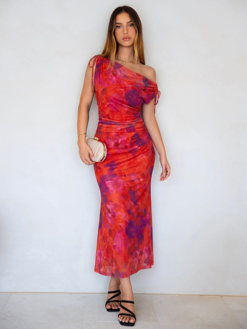 Simplee Womens Summer Wedding Guest Dress Floral Mesh Bodycon Maxi Dress Sexy Sleeveless Ruched Party Long Dresses 2026 (Orange Red Floral M) - Image 3