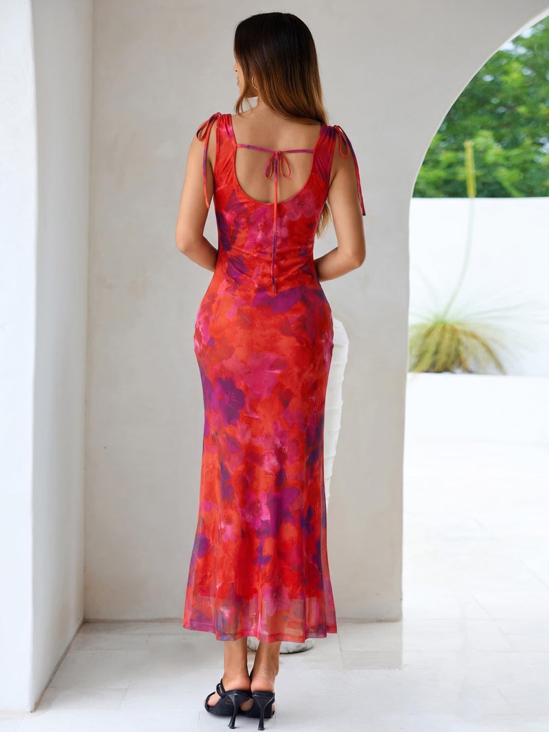 Simplee Womens Summer Wedding Guest Dress Floral Mesh Bodycon Maxi Dress Sexy Sleeveless Ruched Party Long Dresses 2026 (Orange Red Floral M) - Image 5