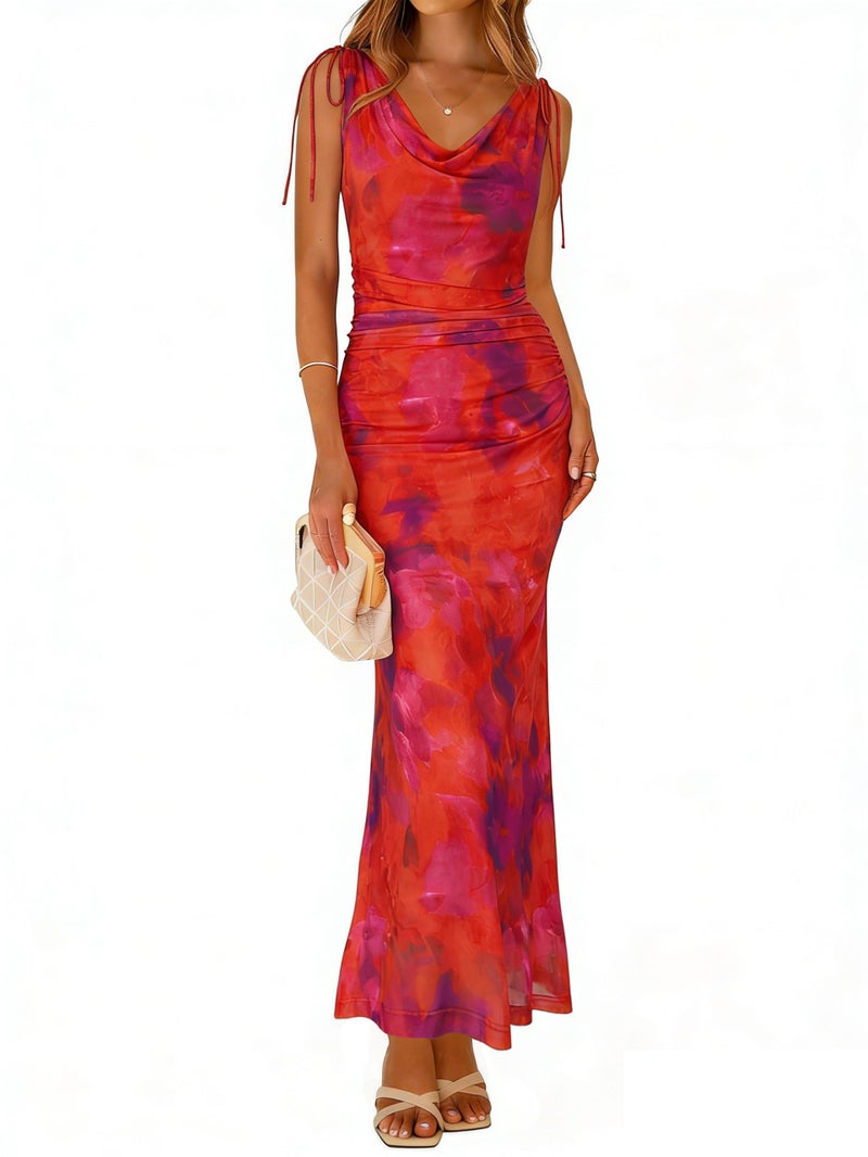 Simplee Womens Summer Wedding Guest Dress Floral Mesh Bodycon Maxi Dress Sexy Sleeveless Ruched Party Long Dresses 2026 (Orange Red Floral M) - Image 1