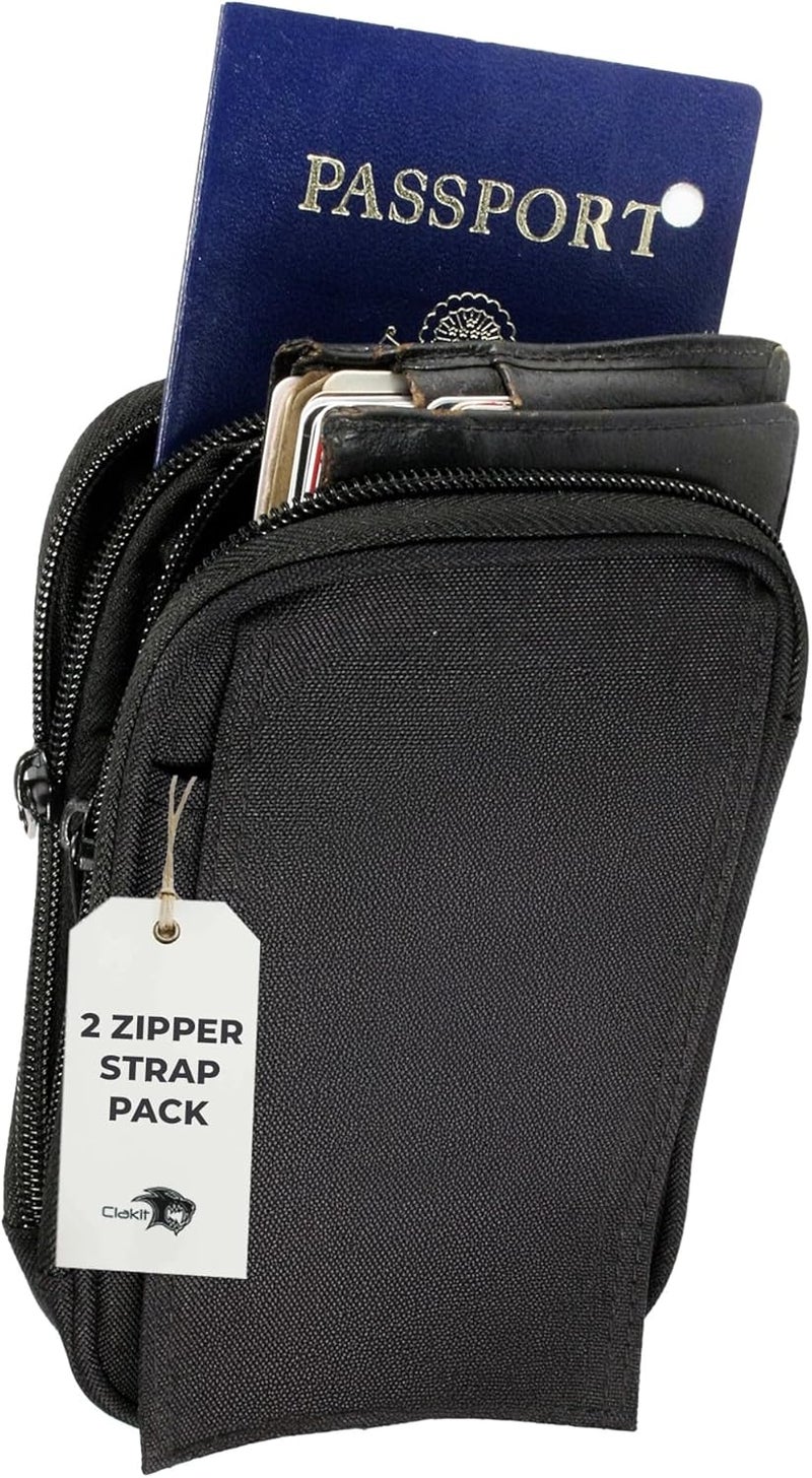 Clakit XL Strap Pack Travel Pouch, Double Zipper Passport Holder - Multi Pocket Organizer Cellphone Pouch with Clip, Backpack Accessories for Everyday Carry Hiking Travel Wallet - Black - Image 1
