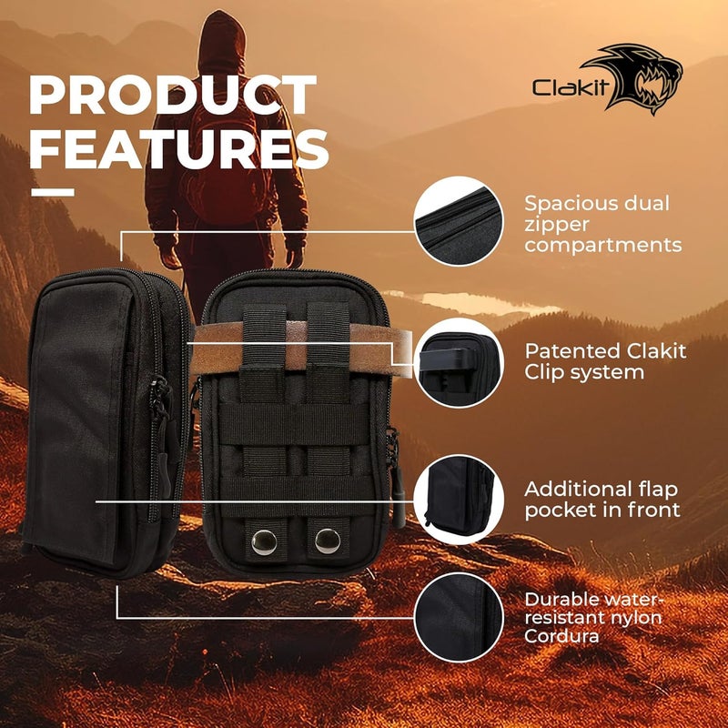 Clakit XL Strap Pack Travel Pouch, Double Zipper Passport Holder - Multi Pocket Organizer Cellphone Pouch with Clip, Backpack Accessories for Everyday Carry Hiking Travel Wallet - Black - Image 3