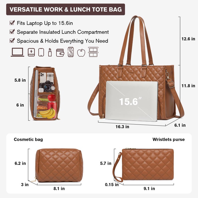 Keyli 3PCS Sets Lunch Tote bag for Women,15.6 Inch Laptop Work Bag with Insulated Lunch Box Compartmentï¼ŒLarge Capacity Quilted Casual Computer Handbag for Office Business Work Nurse Teacher Travel - Image 4