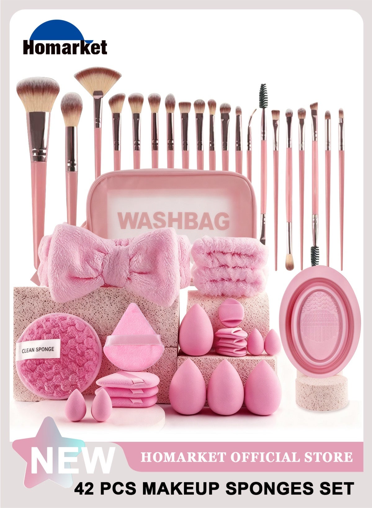 Makeup Brush Set, 42Pcs Makeup Tool Set Premium Synthetic Foundation Powder Concealers Eye Shadows Blush Makeup Brushes Kit with Makeup Sponge, Powder Puffs for Beginner & Professional,Pink