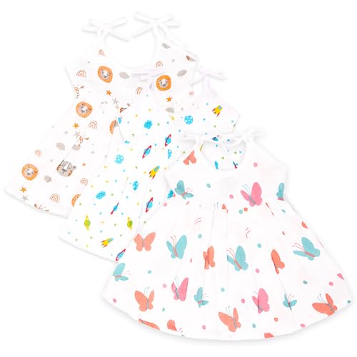 Kidbea® Extra Soft Muslin Fabric Baby Girls Frock | Pack of 3 | Tiger, Space and Butterfly Print Size 6-9 Months - Image 1