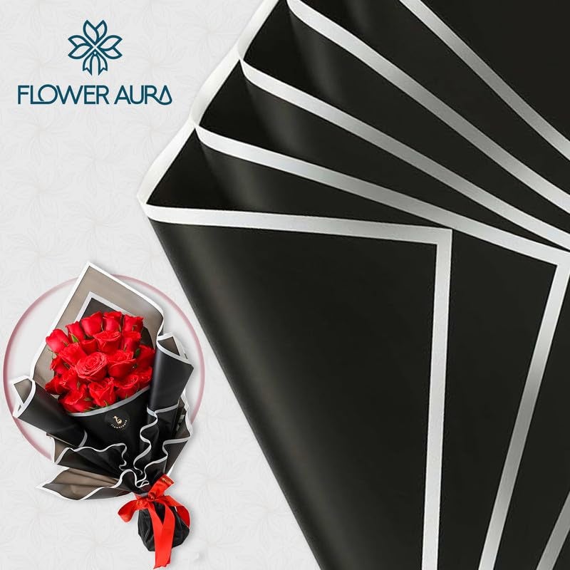 FlowerAura Designer Waterproof Black With White Border Korean Wrapping Paper For Flower Bouquet Wrapping Paper, Gift Wrapping Paper, DIY Handmade Paper, Artistic & Florist Creation Paper (Set of 20) - Image 2