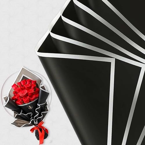 FlowerAura Designer Waterproof Black With White Border Korean Wrapping Paper For Flower Bouquet Wrapping Paper, Gift Wrapping Paper, DIY Handmade Paper, Artistic & Florist Creation Paper (Set of 20) - Image 1