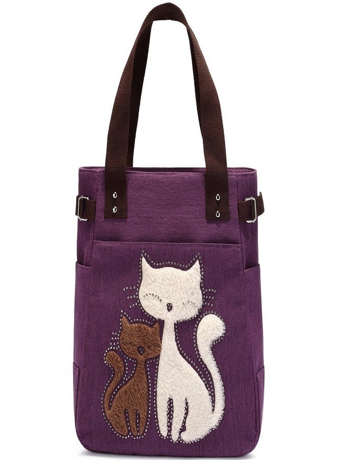 Valentoria Canvas Tote Handbag for Women Cute Cat Embroidery Shoulder Purse Large Zipper Travel Work Shopping Grocery Bags - Image 2