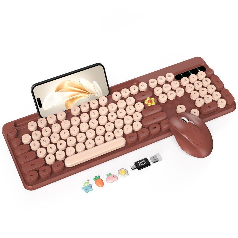 Trueque Wireless Keyboard and Mouse Combo, Retro Round Keycaps, Full-Size Cute Typewriter Keyboard with Large Phone/Tablet Holder, Auto-Sleep, 2.4GHz Cordless Connection for Windows/PC/Laptop (Wine Red) - Image 1