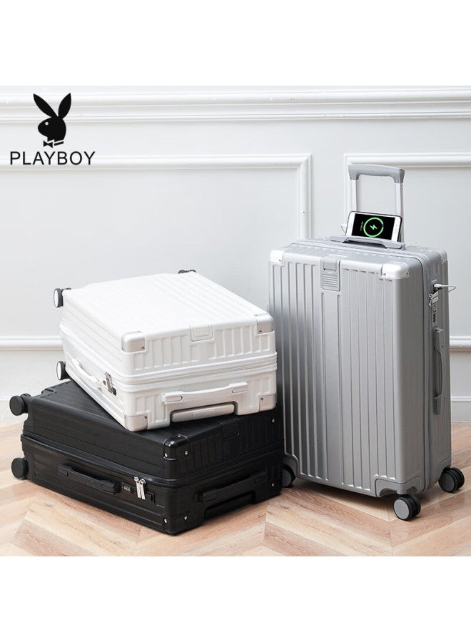 Playboy Luggage Suitcase For Women And Men, Trolley Case With 360° Wheels, Travel Carry-on Suitcase With Password Lock, 29-inch White