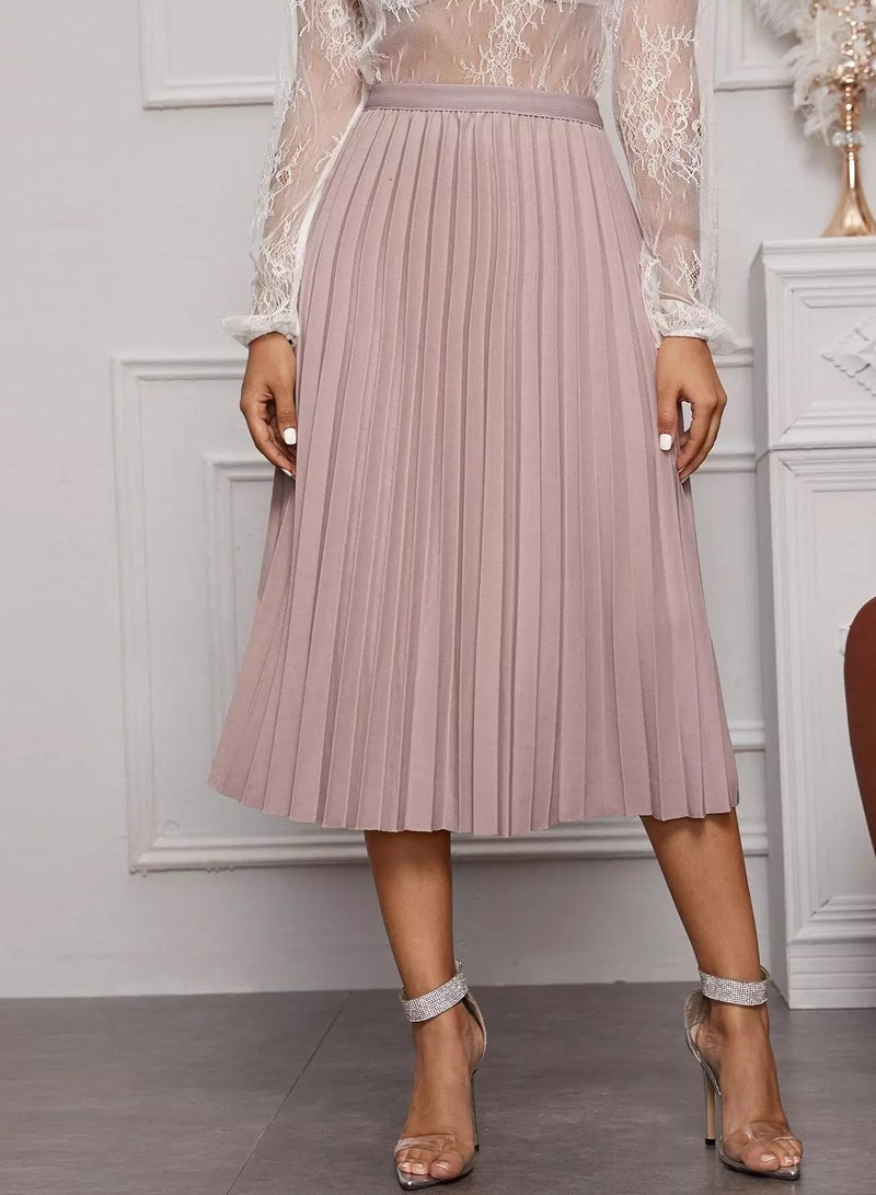 Solid Elastic Waist Pleated Skirt  - Image 1