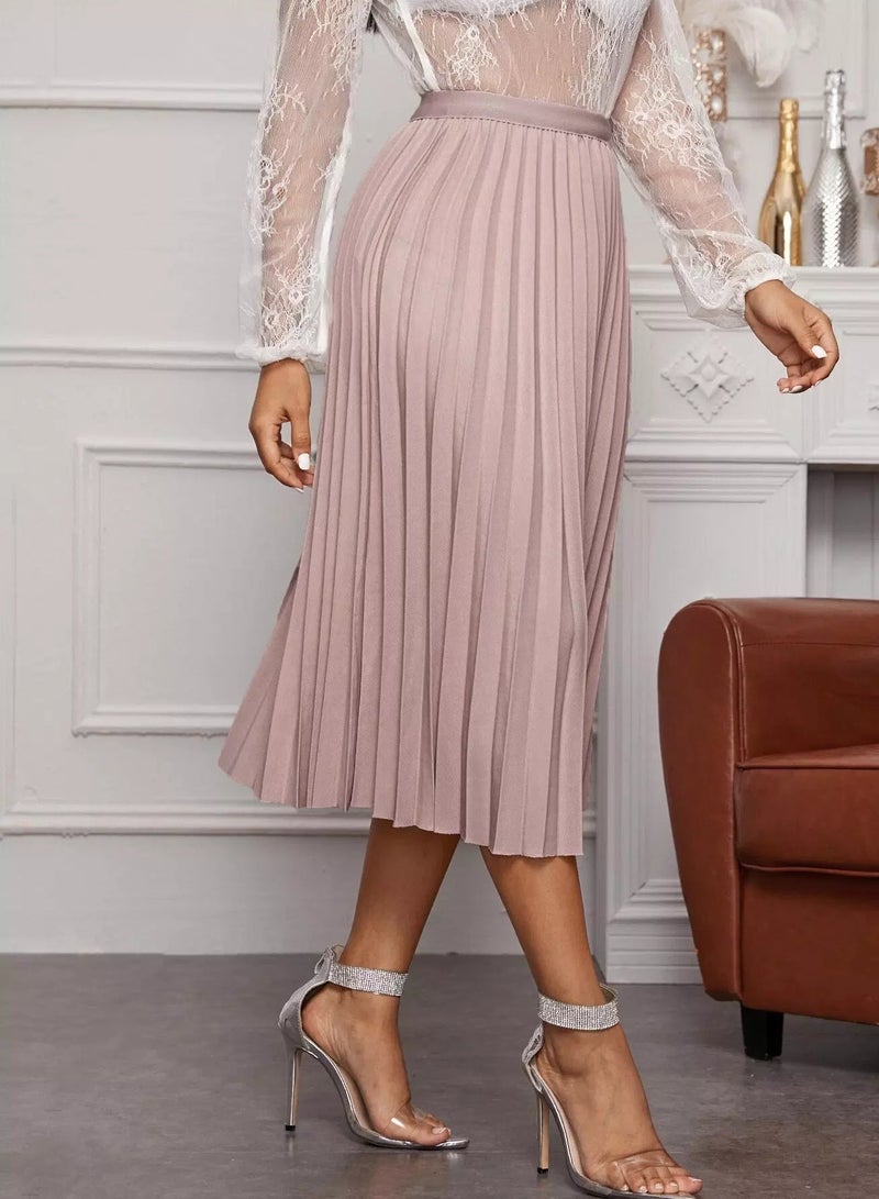 Solid Elastic Waist Pleated Skirt  - Image 4